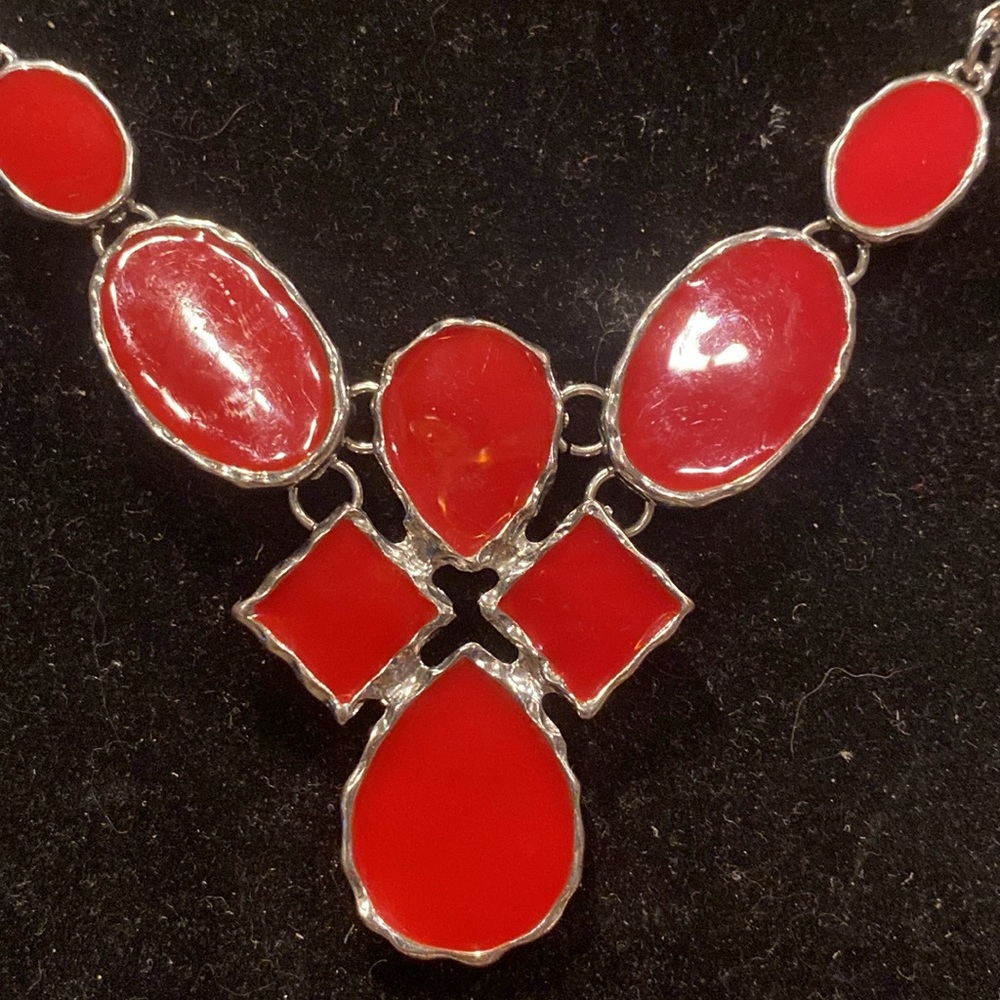 Silver Tone And Red Enamel Statement Necklace - image 2
